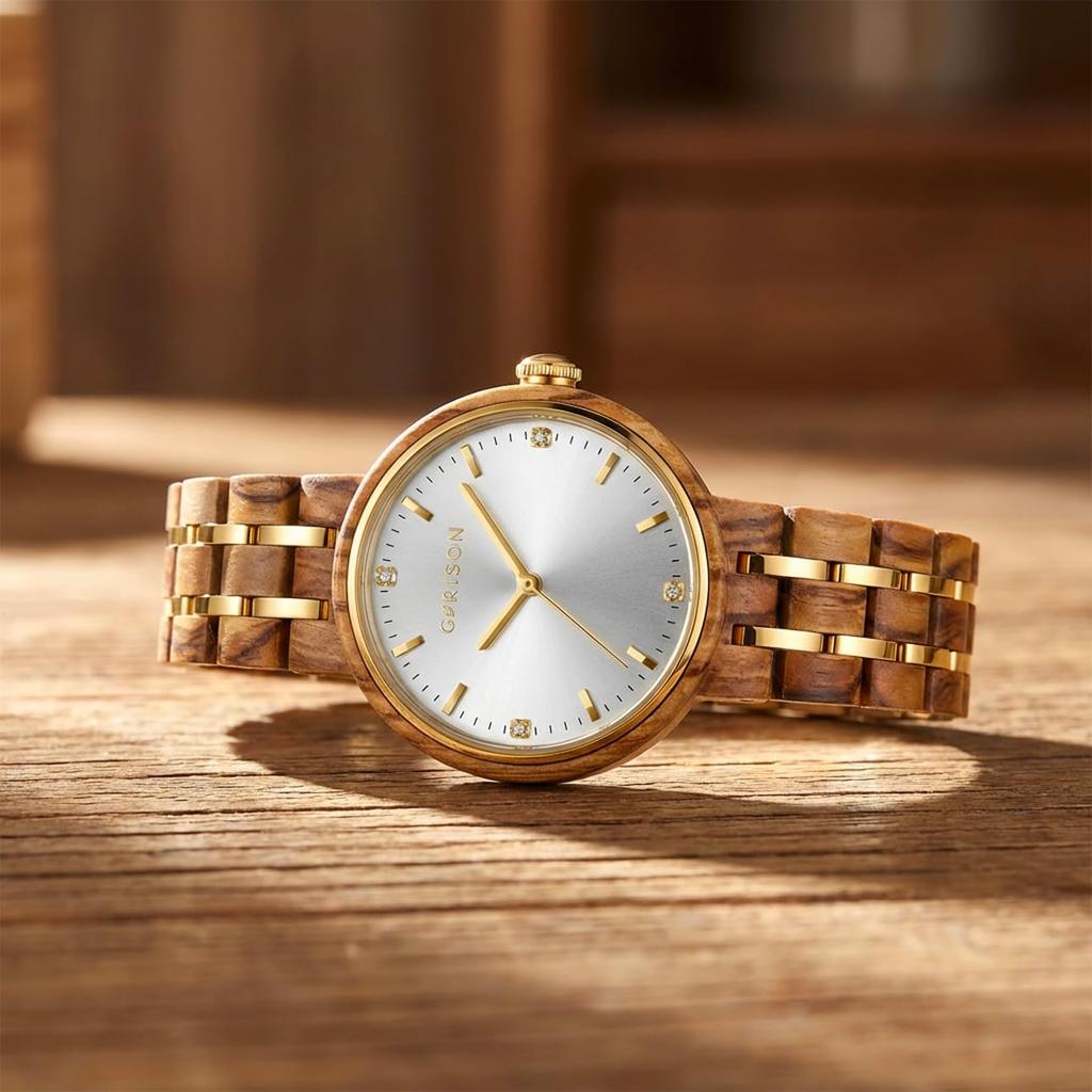 GRISON Quartz Olive Stainless Steel Miyota 3 ATM Water Natural Business Women's Watch, Wood, Hybrid, Movement, Analog, Resistant, 38mm, Wood, Gift,