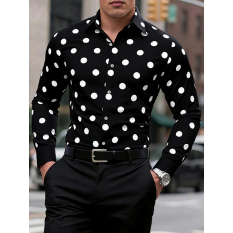 Men's Polka Dot Shirt Casual, Breathable, Comfortable, Fashionable and Trendy Men's Long Sleeved Shirt, Lapel Shirt