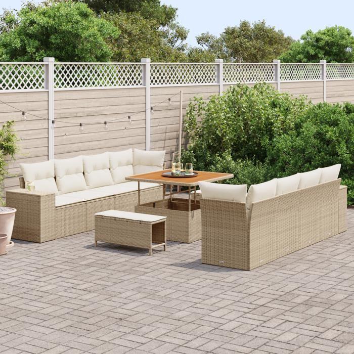 Ensemble de Canapé de Jardin 11 Pièces avec Coussins Beige Rotin Poly Acacia, Ensemble de Salle à Manger de Jardin 3 Pièces 3363936