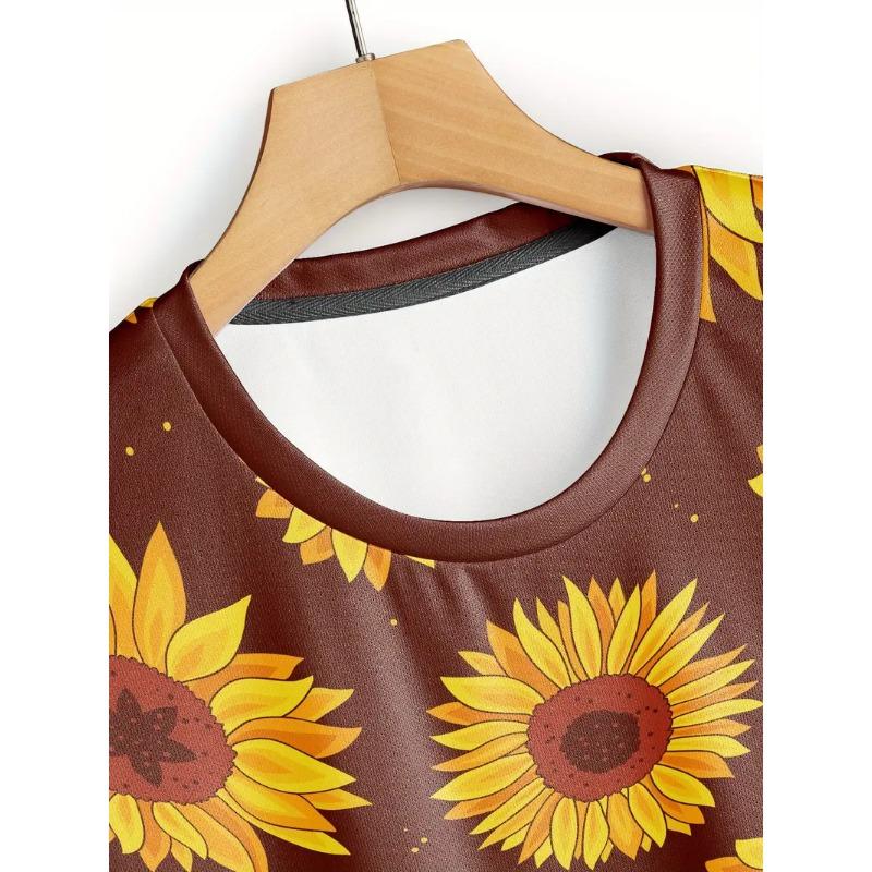 Plus Size Women's 3D Printed Sunflower Pattern T-shirt An Elegant Casual Crew Neck Short Sleeved Top
