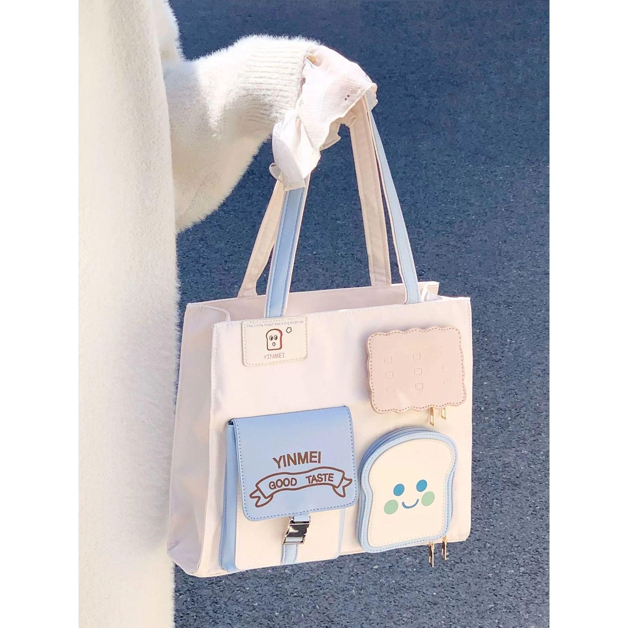 

JIAERDI Sweet Cute Toast Tote Bag Ladies Harajuku Style Large Capacity Shoulder Bag Female Japanese Kawaii Crossbody Handbag 33x31.5x9cm синий