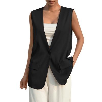 Gilet de costume d'été décontracté pour femmes sans manches col en V un bouton veste couleur unie