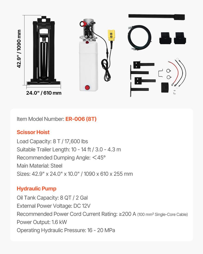 VEVOR Hydraulic Dump Lift Kit, 17,600 Lb/8 T Dump Trailer Hydraulic Scissor Hoist Kit Standard Kit