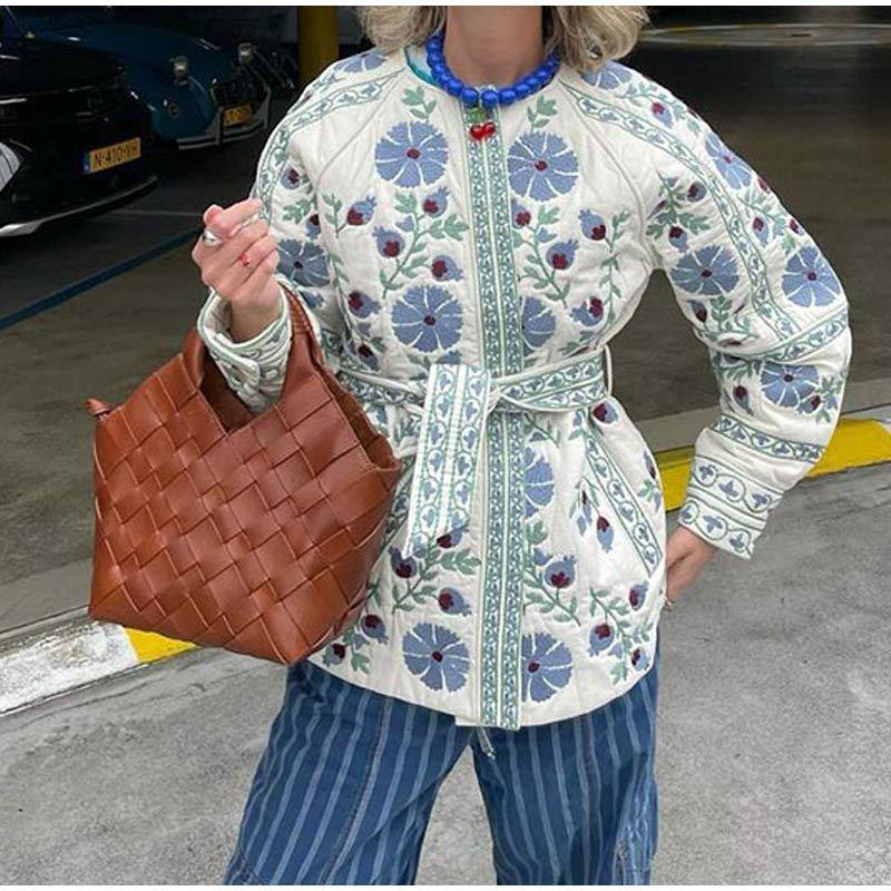 2024 European & American Women's Autumn/Winter Printed Tie-Waist Cotton Jacket