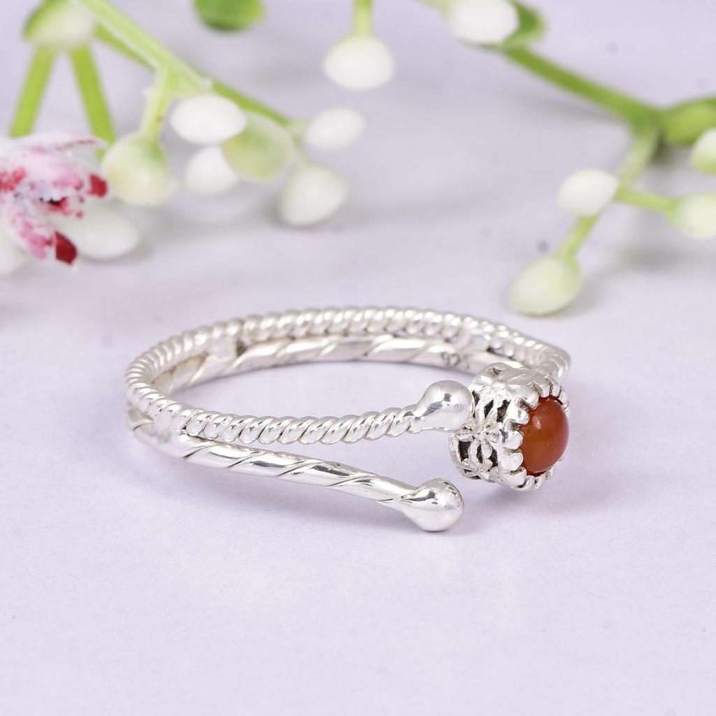 Red Gemstone Adjustable Ring In 925 Sterling Silver | Minimalist Open Ring | Handmade Stackable Jewelry Gift for Women