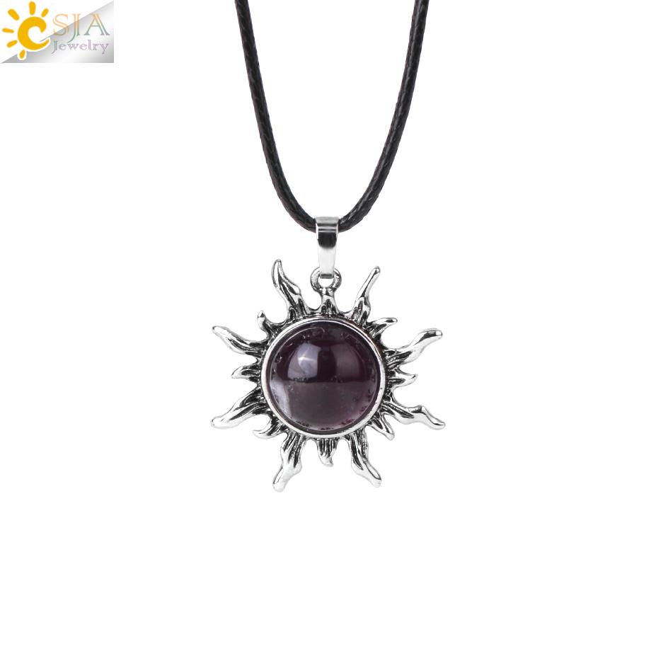 CSJA Vintage Sun Flower Pendant Natural Stone Crystal Necklace Genuine Round Amethysts Pink Quartz Obsidian Lapis Lazuli H120