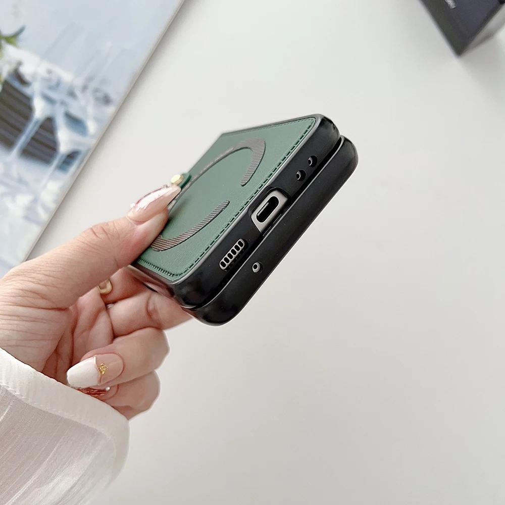 PU Leather Phone Cover for Samsung Galaxy Z Flip 7 FE 6 5 4 3 Case with Ring Holder for Magsafe Magnetic Wireless Charge Flip6