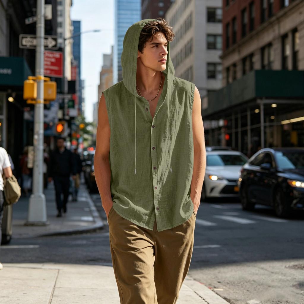 Mens Sleeveless Linen Hooded Shirt Button Down Breathable Relaxed Fit Casual Vest Top Lightweight Summer Apparel