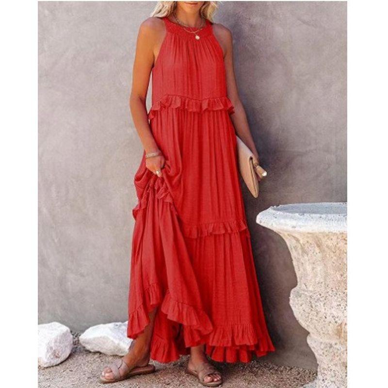 Fashion 2025 Summer New Holiday Ruffles Long Vest Dress Wide Hem Flowy Beach Dress Dress