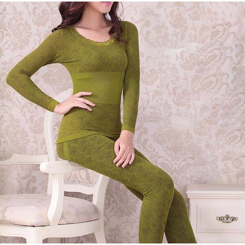 Sexy Women Underwear Thermal Sets High Neck Long Sleeve Top and Elastic Waist Bottom Comfortable Suit