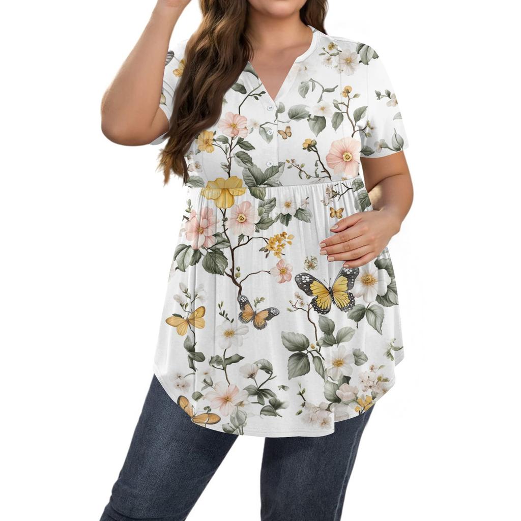 Dame Print Stor Størrelse V-hals Knapp-opp Topp Casual Kortermet Vid Topp