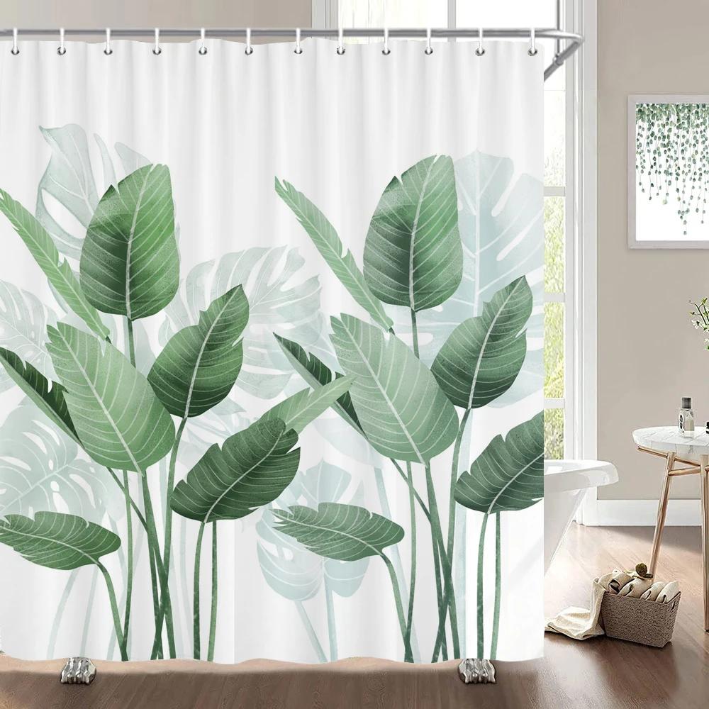 Green Plant Leaves Print Shower Curtains Watercolor Boho Floral Waterproof Morden Bathroom Bathtub Curtain Room Decor With Hooks