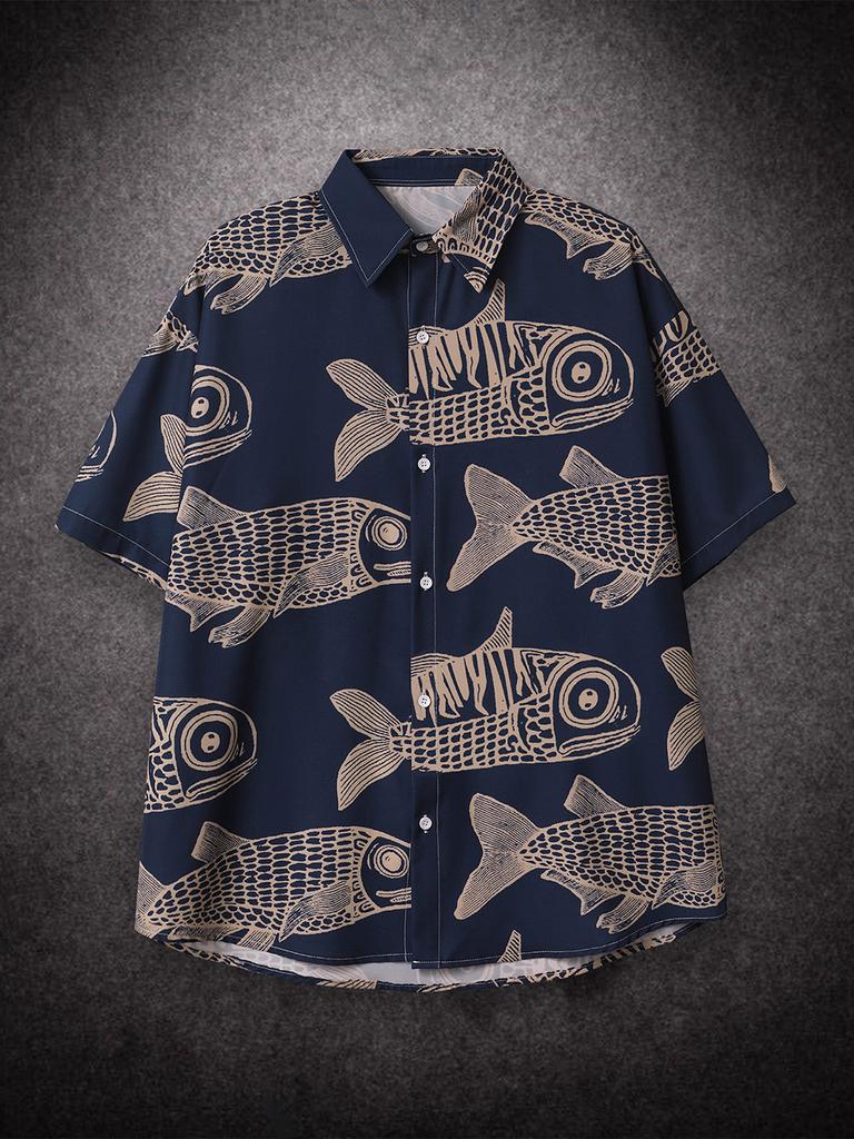 Übergroßes, lockeres Vintage-Kurzarmhemd mit Karpfen-Vollfisch-Print für Herren, lockeres Sommerhemd, trendiges Streetwear-Oberteil für Männer