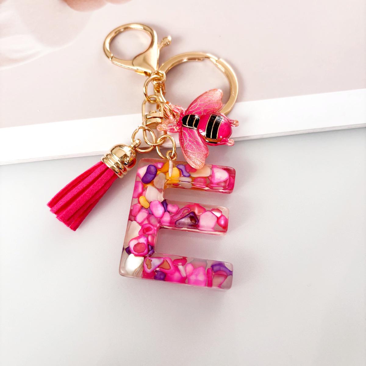Purple Crystal Epoxy Letter Keychain with Bee Tassel & Sequins Bee Letter Keychain Pendant