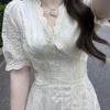 French Elegant Lace Puff Sleeve Summer Midi Dress - Women's Court Style, Waist-Cinching, Slimming Tea Party Attire