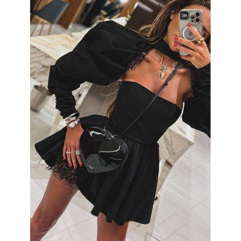 Long Sleeve Waist Cinching Dress Women Solid Tube Top Long sleeve Waist Hugging Dress
