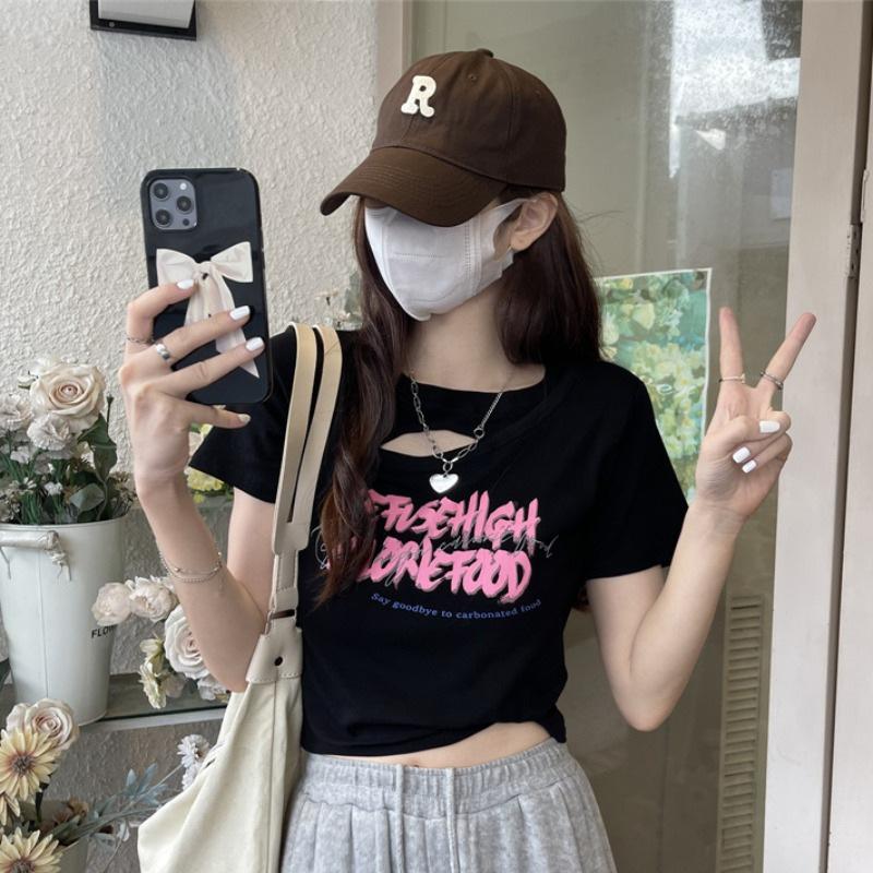 American Spice Girl Short Sleeve T-Shirt Women's Summer New Design Sense Niche Front Shoulder Skinny Short Top Ins Trend