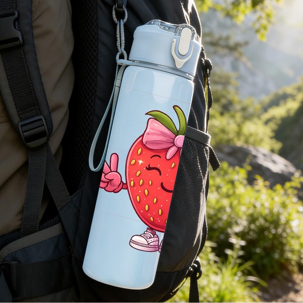 1PC Strawberry Fruit Cartoon Character Print 750ml Color Plastic Sports Water Bottle Leakproof Flip Straw Lid Suitable for Sports Office Home Use