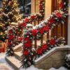 Covered Porch Fence Decoration 5.9Ft Artificial Christmas Poinsettia Garland with Frosted Pine Branch and Red Flexible Plastic Vines Berries, Festive