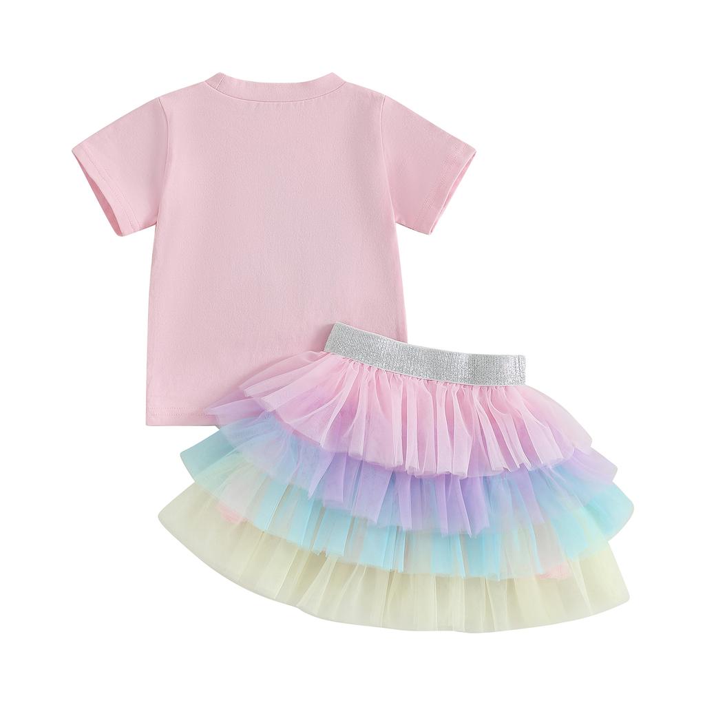Kleinkind Mädchen Sommer Outfit Buchstabenstickerei Kurzarm T-Shirt mit buntem gestuftem Tüllrock 2-teiliges Set