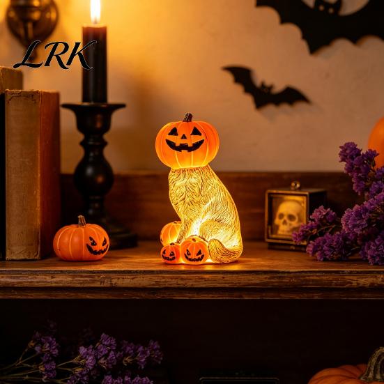 Whimsical Cat Halloween Statue Lighted Pumpkin Figurine, Spooky Tabletop Resin Sculpture, Cute Decor Autumn Fall Ornament for Indoor Mantel Shelf Warm