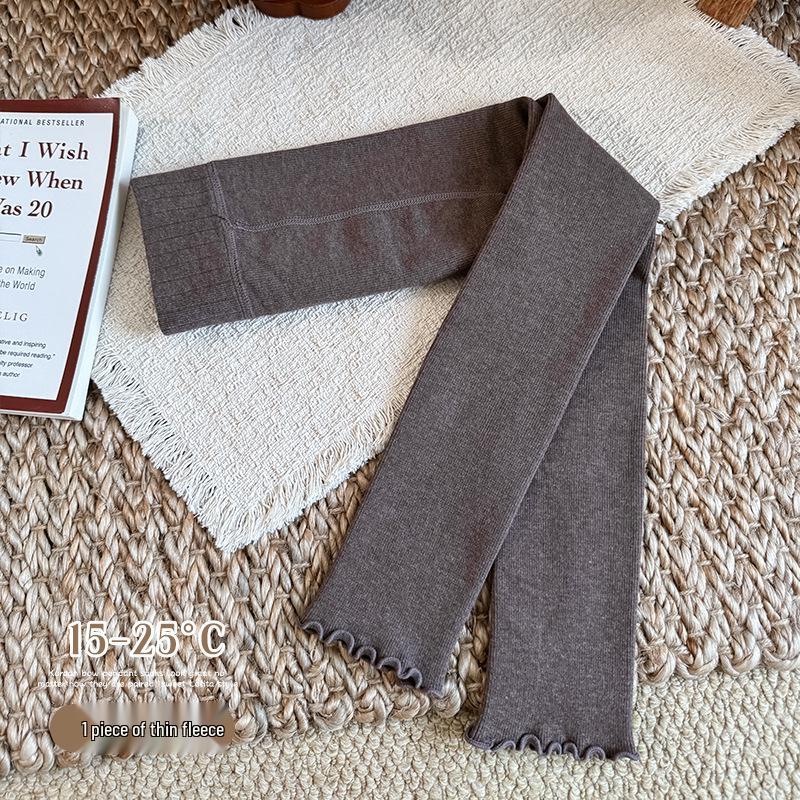 2025 Autumn/Winter Girls' Ruffle Edge Brushed Leggings - Solid Color, Versatile, Elastic Nine-Point Pants