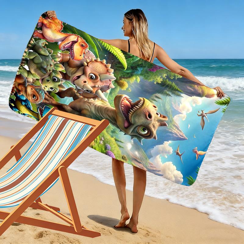 Dinosaurs Cartoon Print Beach Towel, Large Soft Quick Dry Towel for Beach Camping Swimming