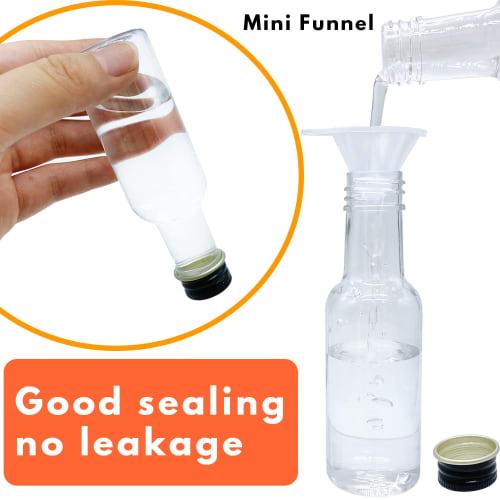 30-Pack Mini Liquor Bottles, Airtight Plastic Spirit Bottles with Black Caps, 1.7 oz Empty Alcohol Shot Bottles, and 10 Funnels. Perfect for Weddings,