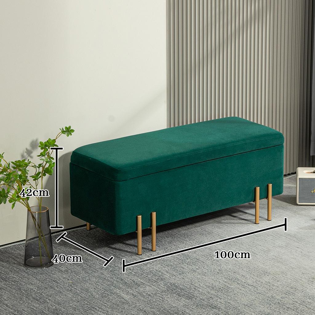 Bench, Upholstered Bench with Storage, Metal, Rubberwood, Foam, 100 x 40 x 42 cm, Green