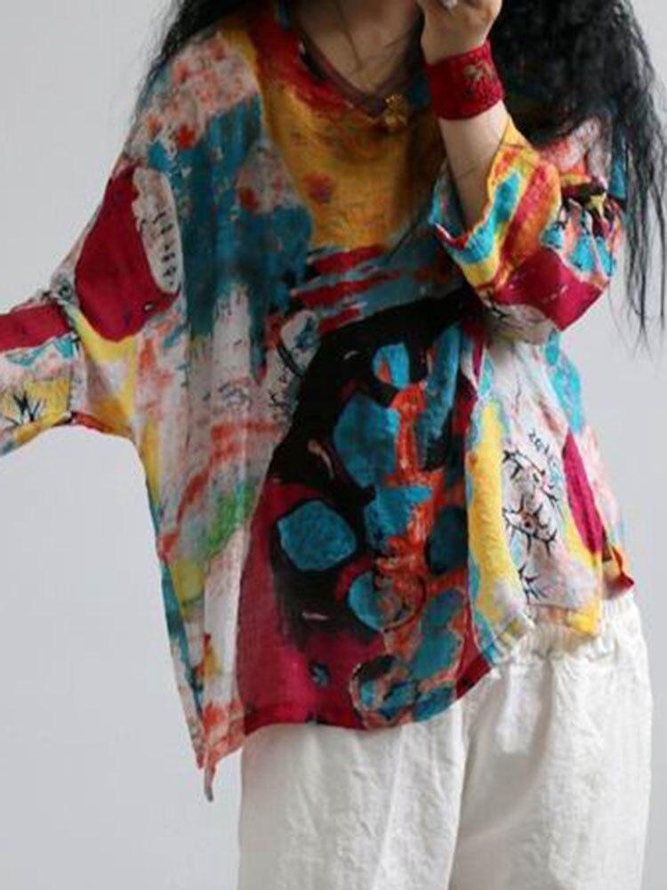 Vintage Floral Print Linen Tshirt Women Long Sleeve Loose Casual Summer Thin Tshirts Comfortable Fashion Top