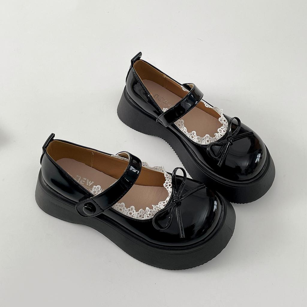Fashion Fashion Black Beige PU Leather Women's Mary Jane Shoes Thick Bottom Bowknot Lace Decor Ladies Pumps Elegant Lolita Platform Shoe