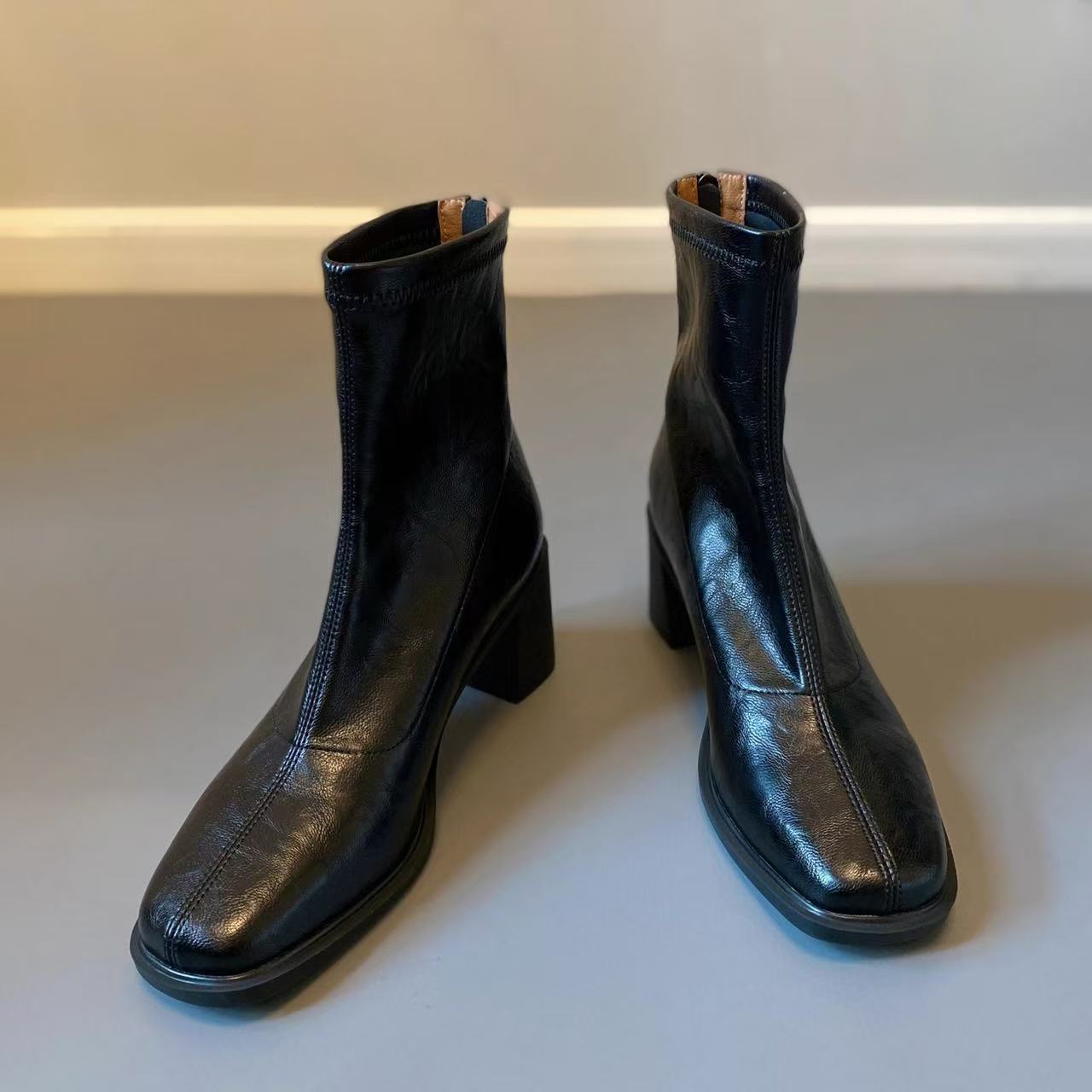 Short boots commuting high heels elastic slimming boots autumn and winter system retro thick heel boots 2025 new street style 35