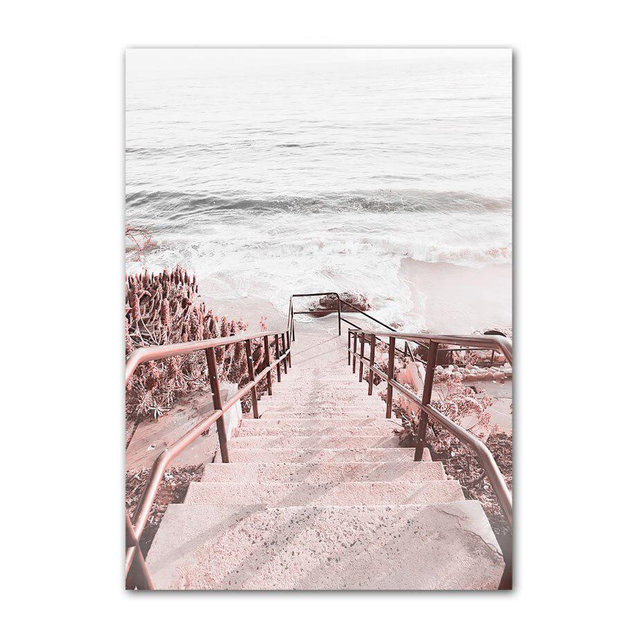 Pink Sea Beach Poster Flamingo Retro Van Surfboard Summer Wall Art Canvas Painting Living Room Interior Picture for Home Decor
