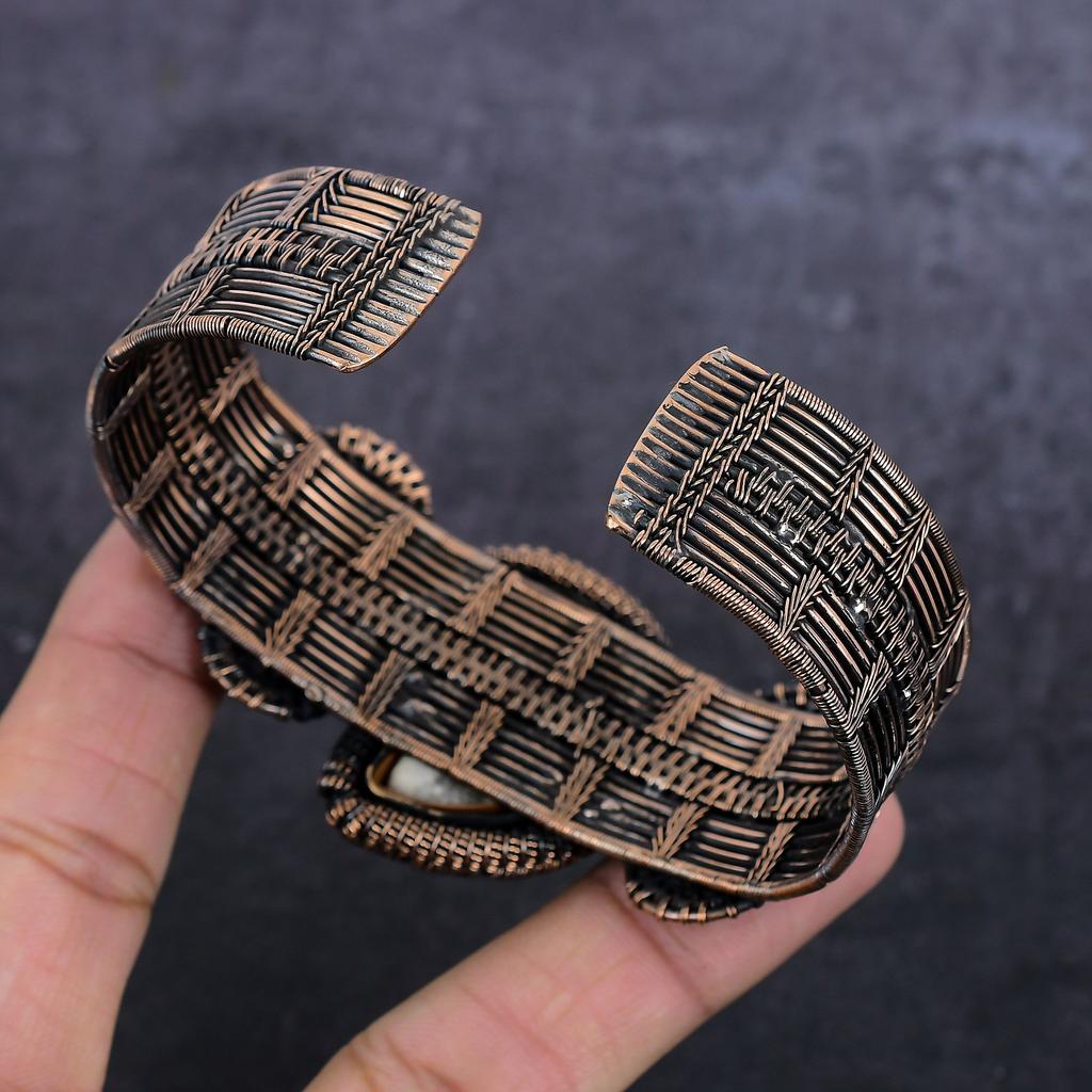 Ammonite Fossil Handmade Copper Wire Wrap Cuff Bangle Adjustable w3L58