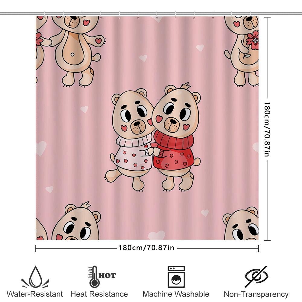 Adorable Cartoon Bear Print Shower Curtain For Kids Bathroom Decor, Pink Color With Hearts Design, Durable Fabric Waterproof Sho