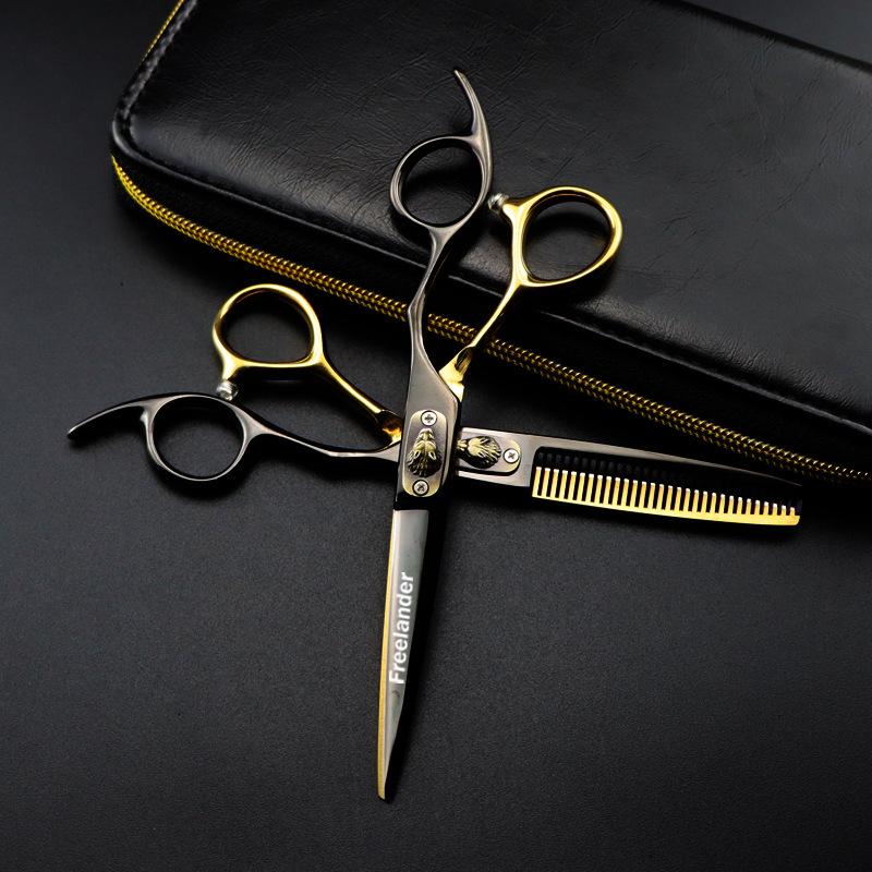 Black and Gold Wolf Head Hairdressing Scissors Set: Straight, Serrated, and Thinning Shears