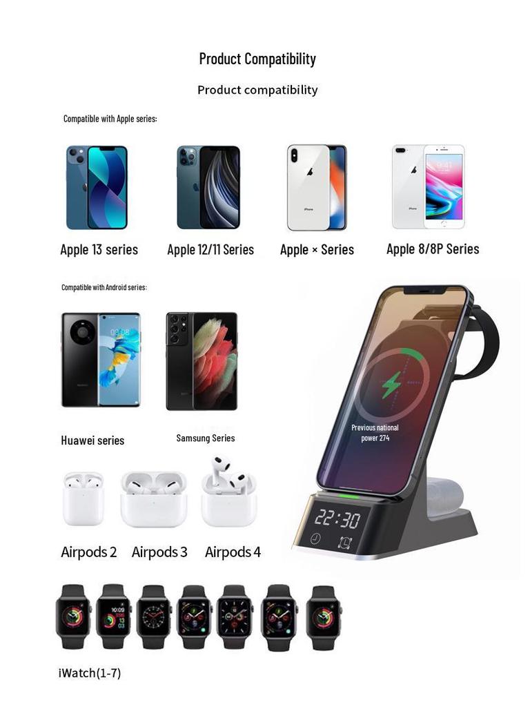 4-in-1 Wireless Charging Station with Clock for Apple Watch, Earphones, and Phone