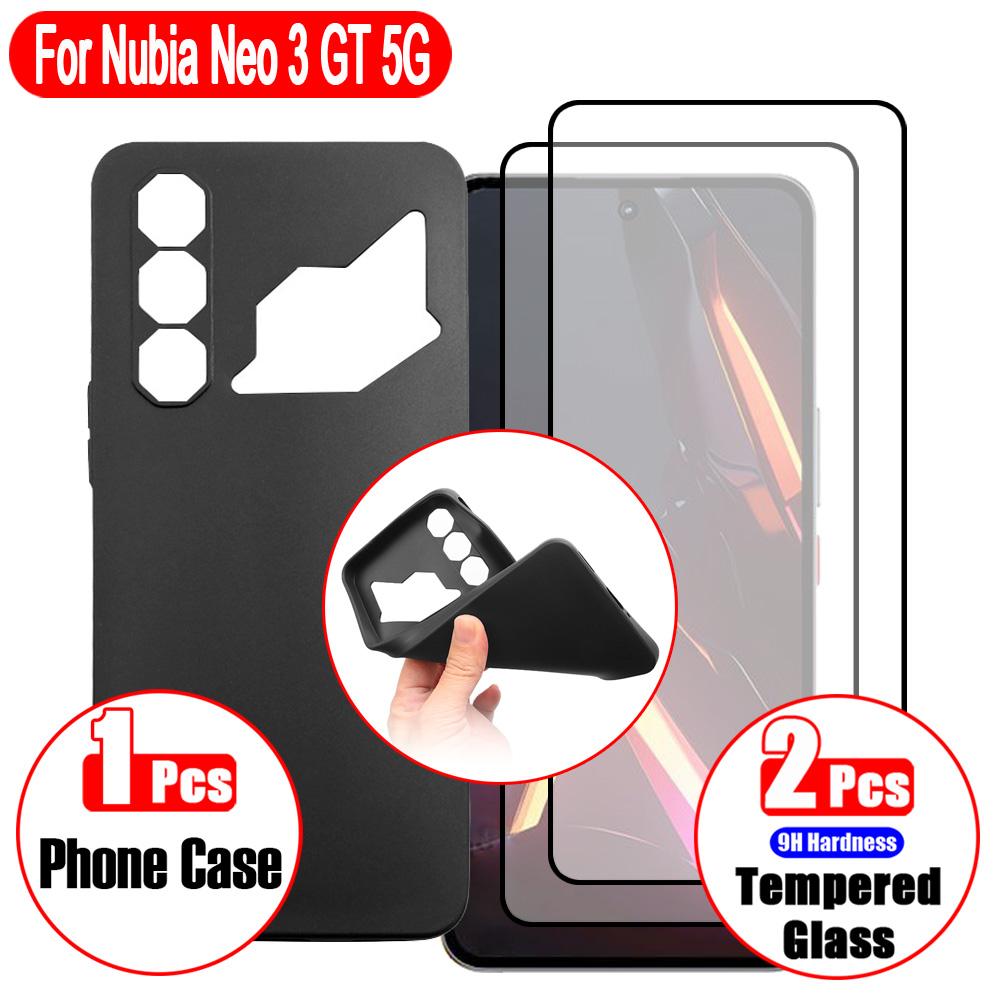 Funda for ZTE Nubia Neo 3 GT 5G, 3 In 1 Set (1 Pcs Phone Case + 2 Pcs Screen Protectors) Black Edge Printing Film, Anti-Fingerpr