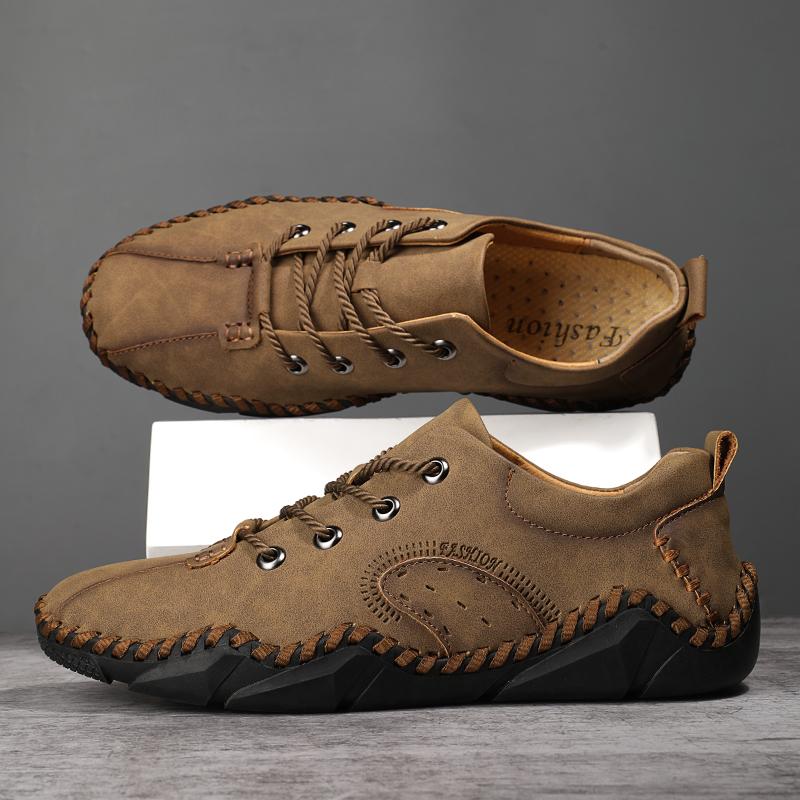 Men Brown Moccasins Hiking Shoes Handmade Black Flats Driving Shoes Casual Wide Head Shoes Plus Size