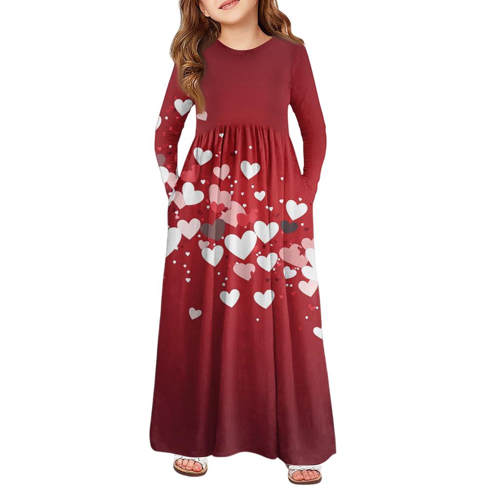 Girls' Maxi Dress - Long Sleeve Pocket Dress Valentine's Day
