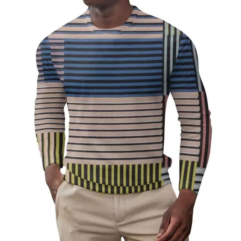Men's Spring Summer Long Sleeve T-Shirt Green Geometric Patchwork Print Casual Streetwear