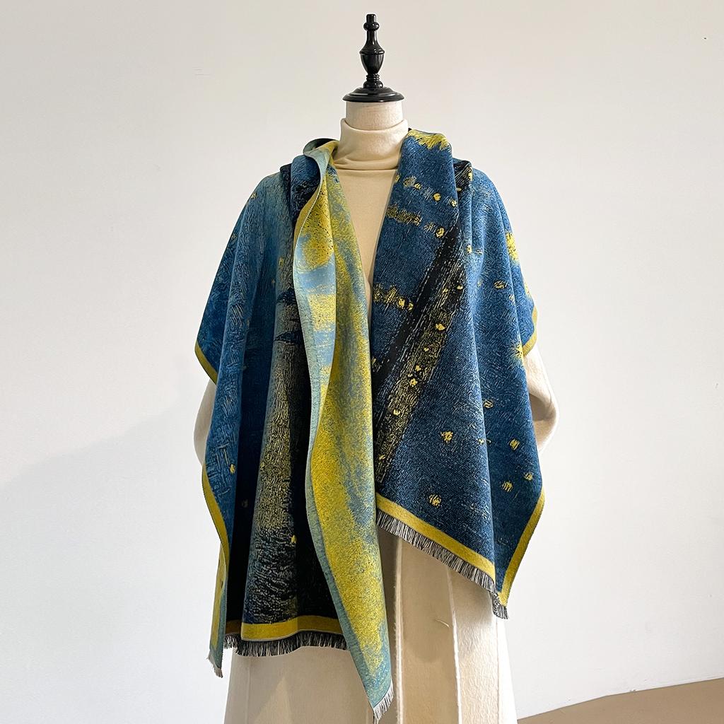 Écharpe Chaude en Cachemire Femme Châle Floral Peinture à l'Huile Nouveaux Enveloppements Luxe Épaisse Couverture Hiver Bufanda Pashmina Féminine Écharpes de Voyage