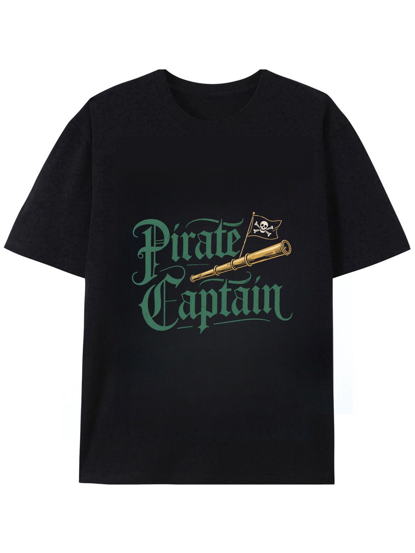 Pirate Captain Pattern Cotton T-shirt in Black with Green Cannon And Skull Flag Design S
