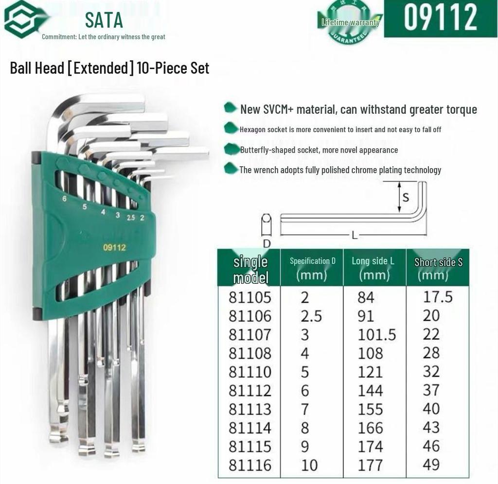 Hex Wrench Set - Mini, Extra Long, Ball & Flat Head, Available in 7, 8, 9, 10, 14 Pieces (Model 09105)