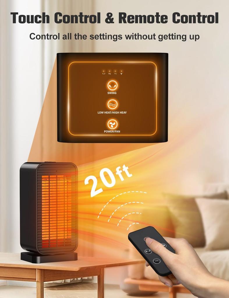 Tragbarer 1200W PTC Keramikheizlüfter mit Thermostat, 2 Heizstufen, Kipp- und Überhitzungsschutz, Fernbedienung für große Räume