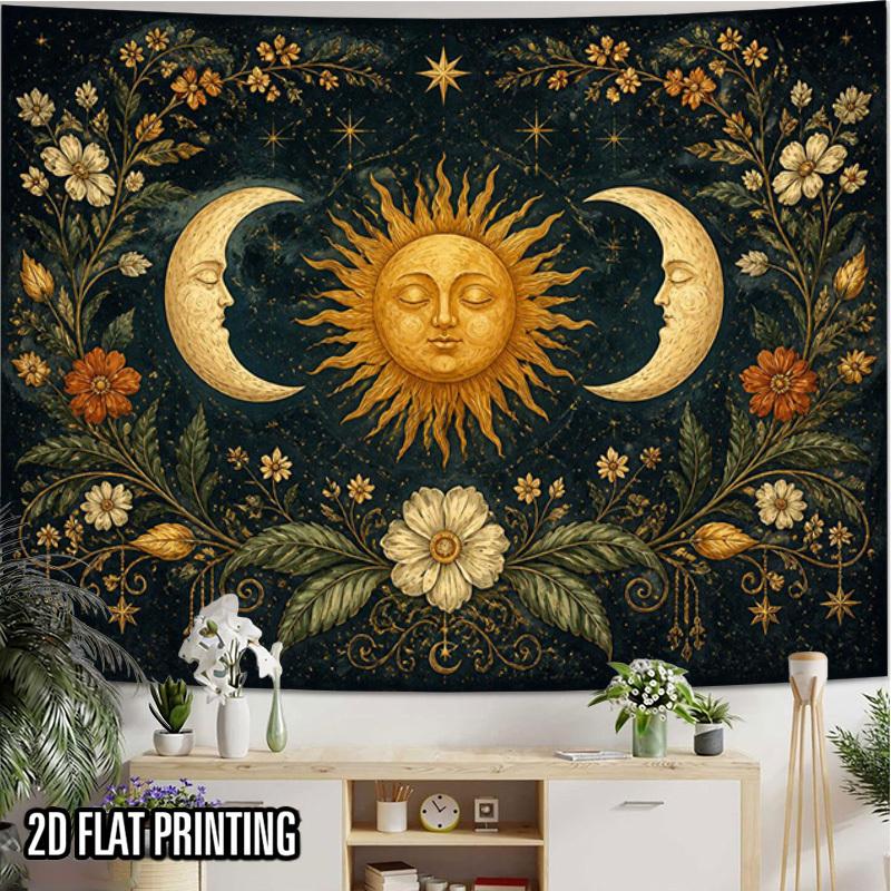 2D Flat - 2D Flat - 2D Flat Print 1pc Tapestry Sun Moon Floral Tapestry Mystic Astronomy Wall Hanging Themed Party Banner Suitable for Family Parties,