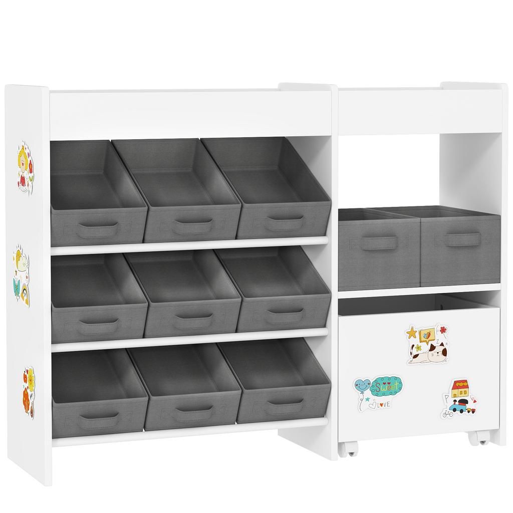 Kids Toy Storage Unit with 11 Bins, Cabinet, Top Shelves, 3 Stickers, for Nursery, Playroom, White