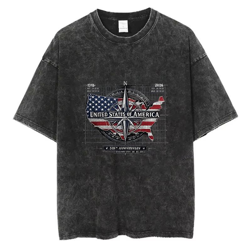 Vintage Washed Cotton TShirt Men Freedom American Flag Graphic Tee July 4th USA Independence Day Retro Streetwear