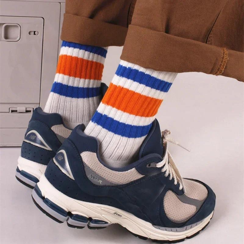 Cityboy Men's Striped Basketball Medium Tube Socks Vintage Unisex Women Couple Cottons Japanese Thick Towel Bottom Sports Socks