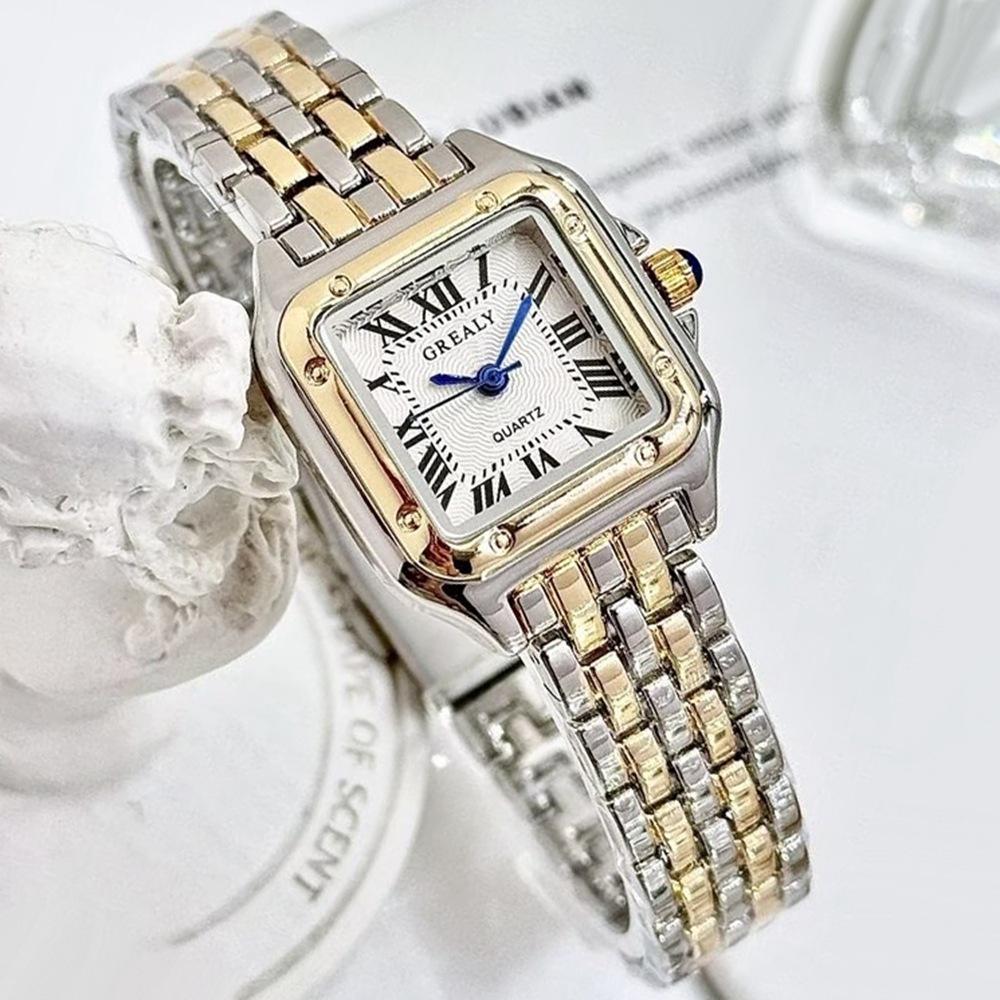 Elegant Women's Gold Square Watch with Silver Stainless Steel Band - Perfect Gift for Students
